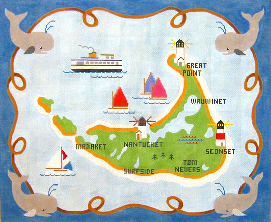 Travel Canvas ~ Nantucket Island, Mass. Large Map handpainted Needlepoint Canvas by Silver Needle