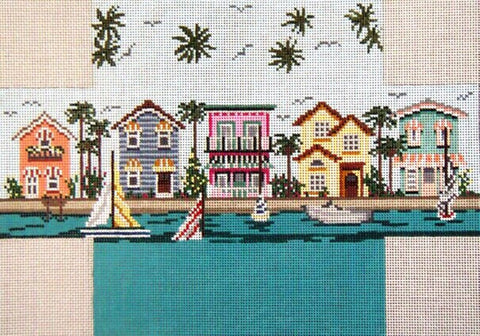 Brick Cover~Tropical Cottages handpainted Needlepoint Canvas~by Needle Crossings
