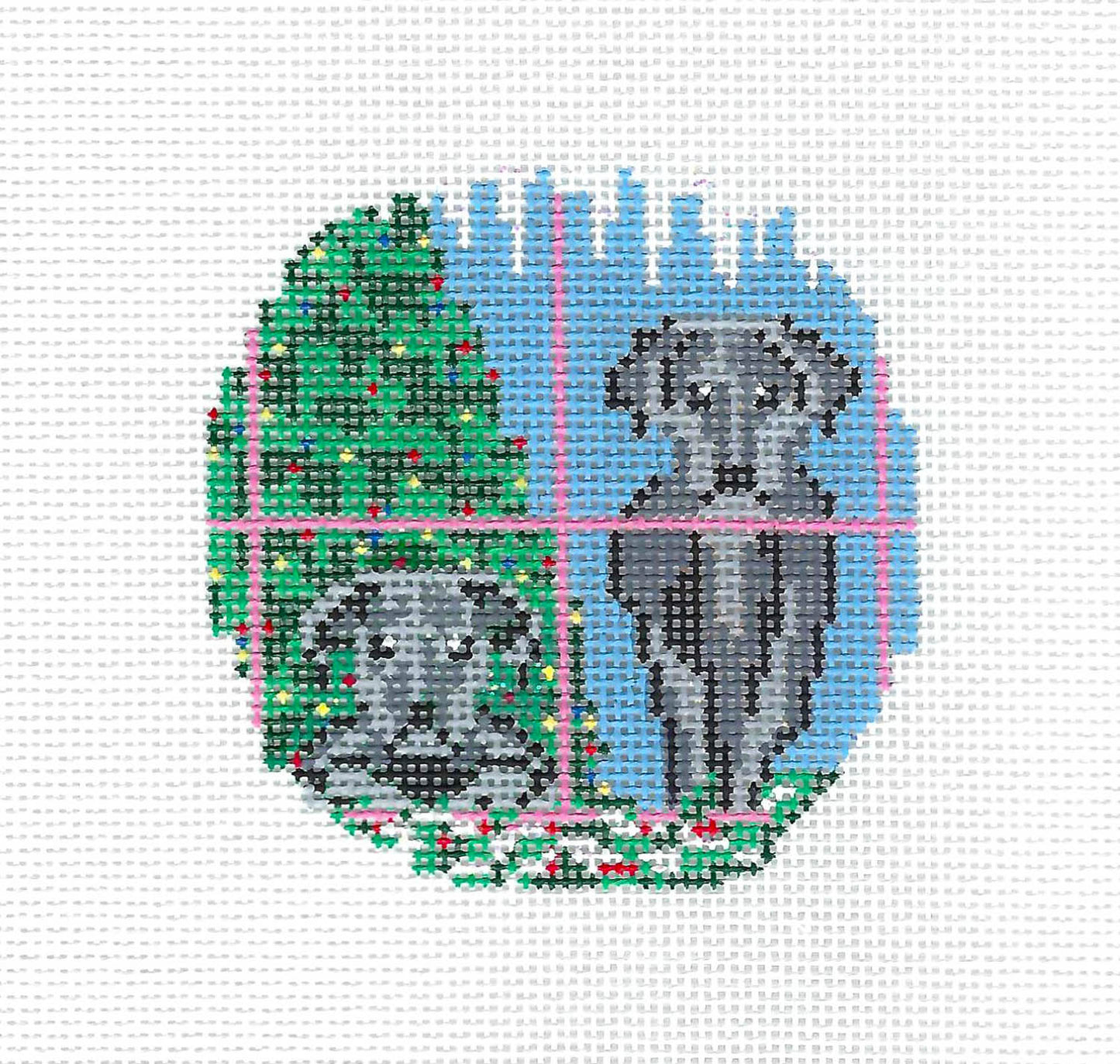 Dog Round ~ 2 Black Lab Dogs 3" Ornament handpainted Needlepoint Canvas Needle Crossings