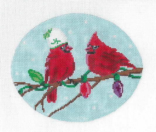 Bird Oval ~ Cardinals with Christmas Lights Handpainted Needlepoint Canvas by Scott Church
