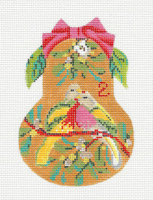 Kelly Clark Christmas Pear ~ 2 Turtle Doves Pear handpainted Needlepoint Ornament by Kelly Clark