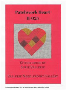 Patchwork Heart handpainted Needlepoint Canvas & STITCH GUIDE by Suzie Vallerie