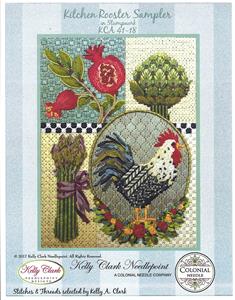 Sampler Canvas ~ KITCHEN ROOSTER & 14 Pg. STITCH GUIDE handpainted Needlepoint Canvas Kelly Clark