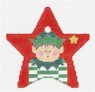 Star ~ ELF in Green on a Red Star handpainted Needlepoint Ornament by Kathy Schenkel