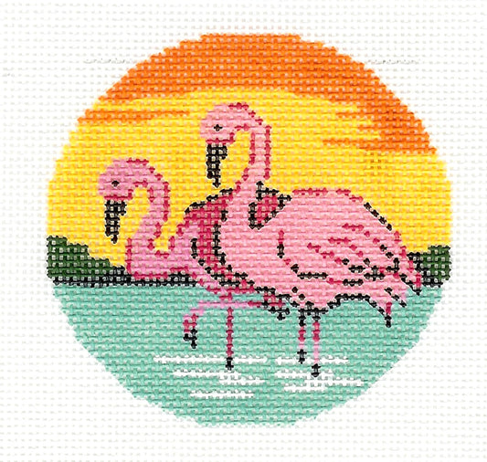 Round ~ Tropical Flamingos handpainted Needlepoint Canvas 3" Rd. Ornament or Insert