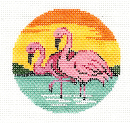 Round ~ Tropical Flamingos handpainted 18 mesh Needlepoint Canvas 3" Rd. Ornament or Insert