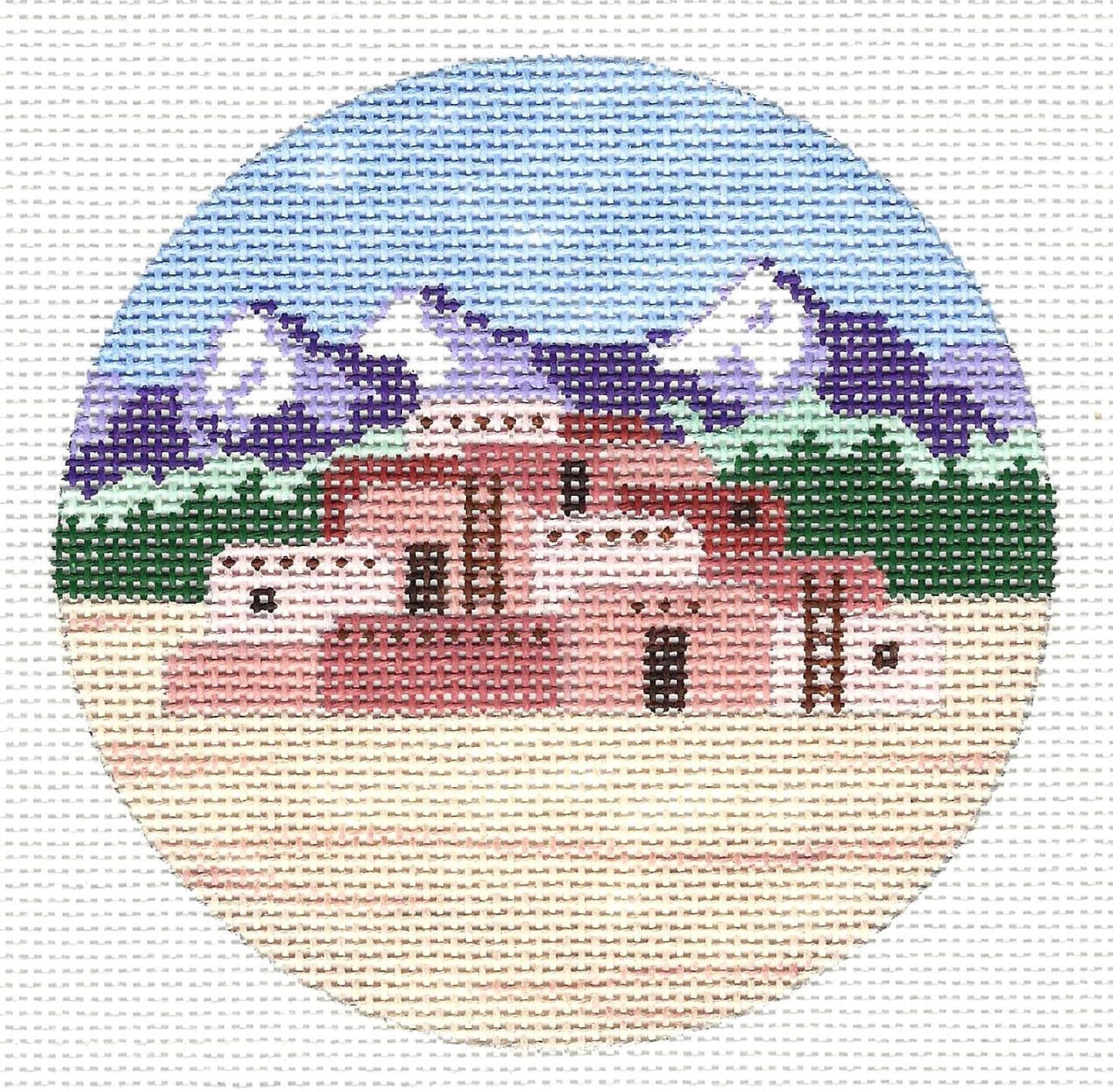 Travel Round ~ Taos Pueblo in NEW MEXICO Destination Round Handpainted 4" Needlepoint Canvas by Painted Pony Designs