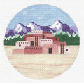 Travel Round ~ Taos Pueblo in NEW MEXICO Destination 18 Mesh handpainted 4" Rd. Needlepoint Canvas by Painted Pony Designs