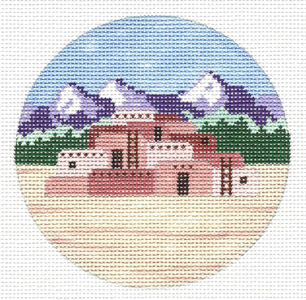 Travel Round ~ Taos Pueblo in NEW MEXICO Destination 18 Mesh handpainted 4" Rd. Needlepoint Canvas by Painted Pony Designs