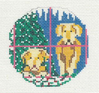 Dog Round ~ Two Yellow Labs 3" Ornament handpainted Needlepoint Canvas by Needle Crossings