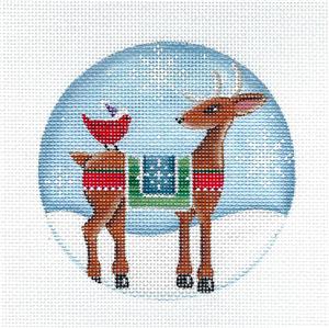 Christmas Round ~ Reindeer & Cardinal 4" Rd. Ornament handpainted 18 Mesh Needlepoint Canvas by Rebecca Wood
