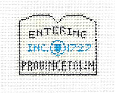 Travel Sign ~ PROVINCETOWN, CAPE COD, MASS. SIGN Ornament HP Needlepoint Canvas Silver Needle