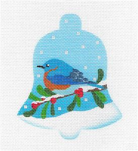 Bird Bell ~ Bird Bell Bluebird on Branch in Snow HP Needlepoint Ornament Canvas Pepperberry