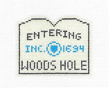 Travel Sign ~ WOODS HOLE, CAPE COD, MASS. SIGN Ornament HP Needlepoint Canvas by Silver Needle