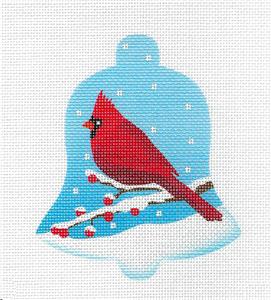 Bird Bell ~ Male Cardinal in Snow Bird Bell handpainted Needlepoint Ornament Canvas by Pepperberry