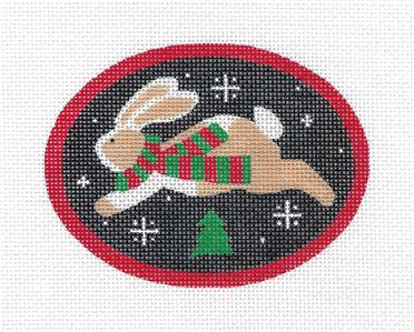Oval ~ Jumping Bunny with Scarf & Tree handpainted Needlepoint Canvas by Pepperberry