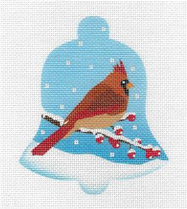 Bird Bell ~ Female Cardinal in Snow Bird Bell handpainted Needlepoint Ornament Canvas by Pepperberry