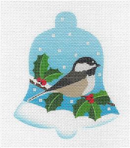Bird Bell ~ Chickadee in Snow & Holly Bird Bell handpainted Needlepoint Ornament Canvas Pepperberry
