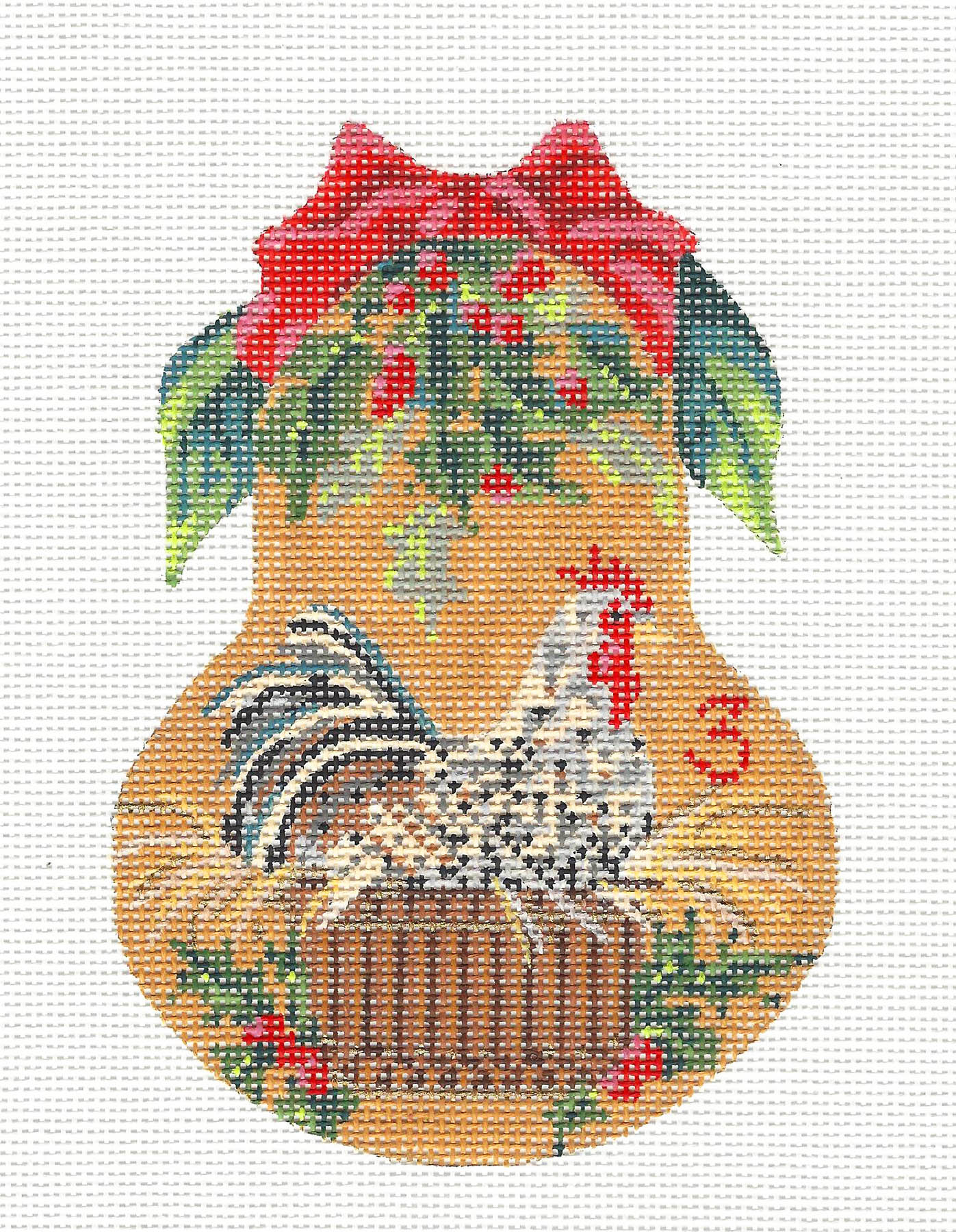 Kelly Clark Christmas Pear ~ 3 French Hens Pear & STITCH GUIDE handpainted Needlepoint Canvas Ornament by Kelly Clark