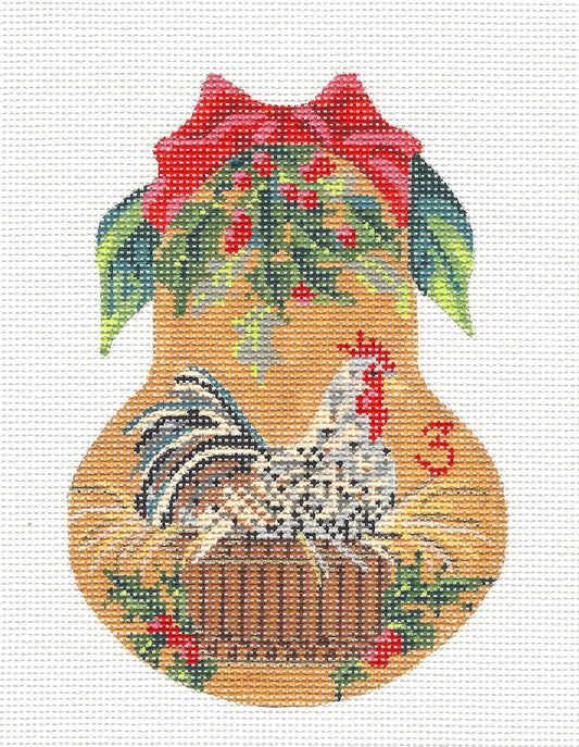 Kelly Clark Christmas Pear ~ 3 French Hens Pear & STITCH GUIDE handpainted Needlepoint Canvas Ornament by Kelly Clark