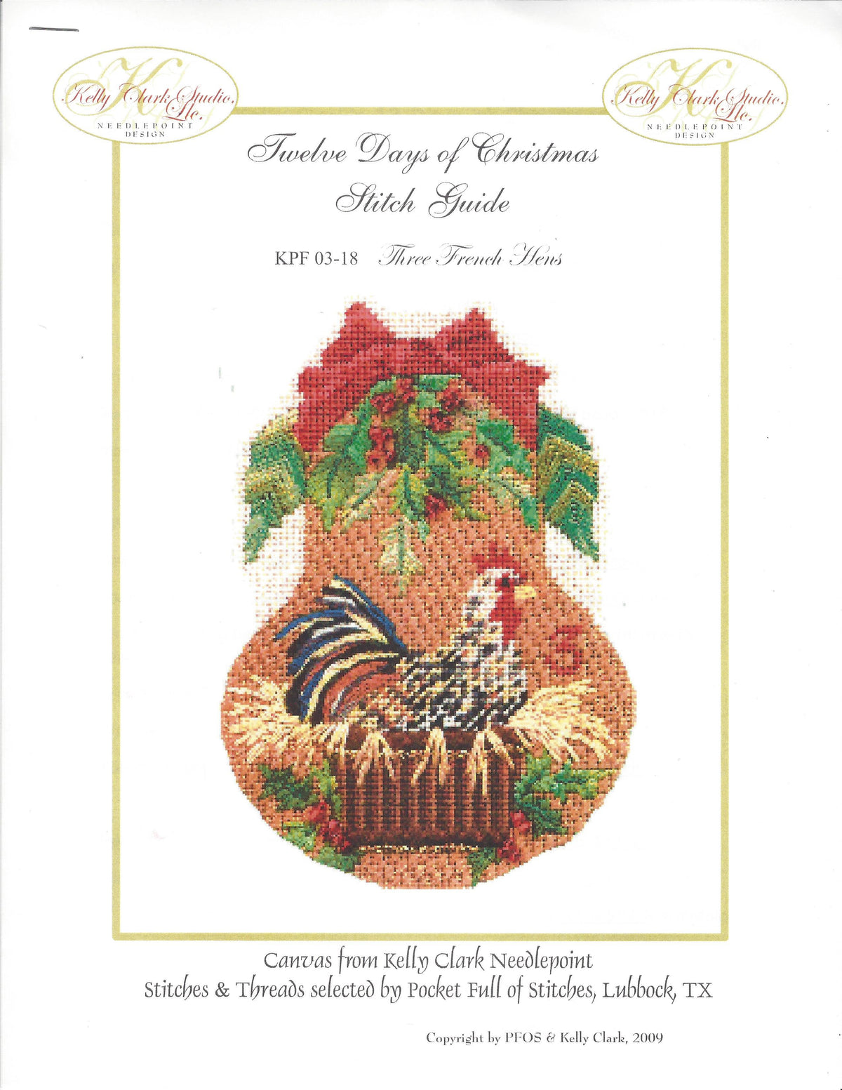 Kelly Clark Christmas Pear ~ 3 French Hens Pear & STITCH GUIDE handpainted Needlepoint Canvas Ornament by Kelly Clark