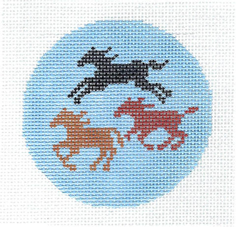 Round ~ Three Horses Galloping Design handpainted Needlepoint Canvas 3" Rd. Insert or Ornament by LEE