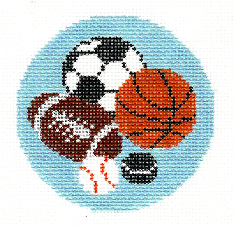 Sports round ~ ALL SPORTS ~ Assorted Sports Balls handpainted Needlepoint Canvas 3" Rd. Ornament or Insert by LEE