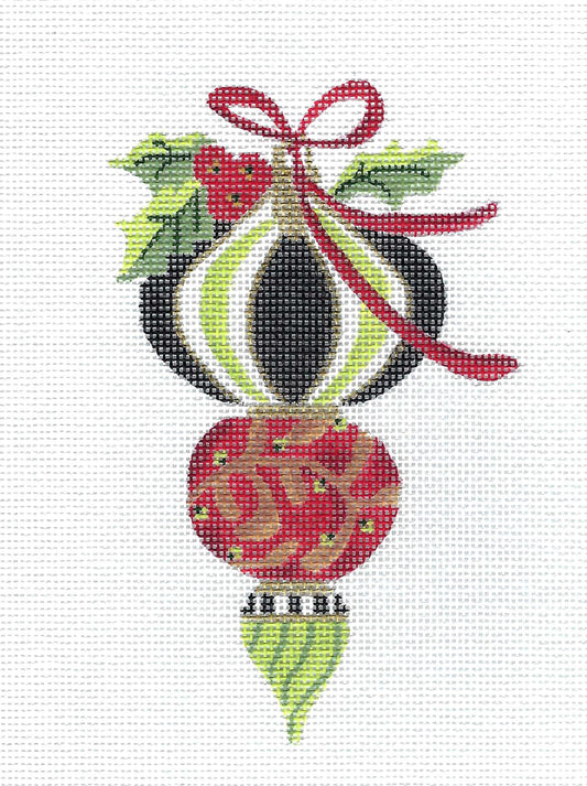 Christmas ~ Peridot Green, Red & Black Triple Onion Ornament with Holly & STITCH GUIDE handpainted Needlepoint Canvas by Kelly Clark
