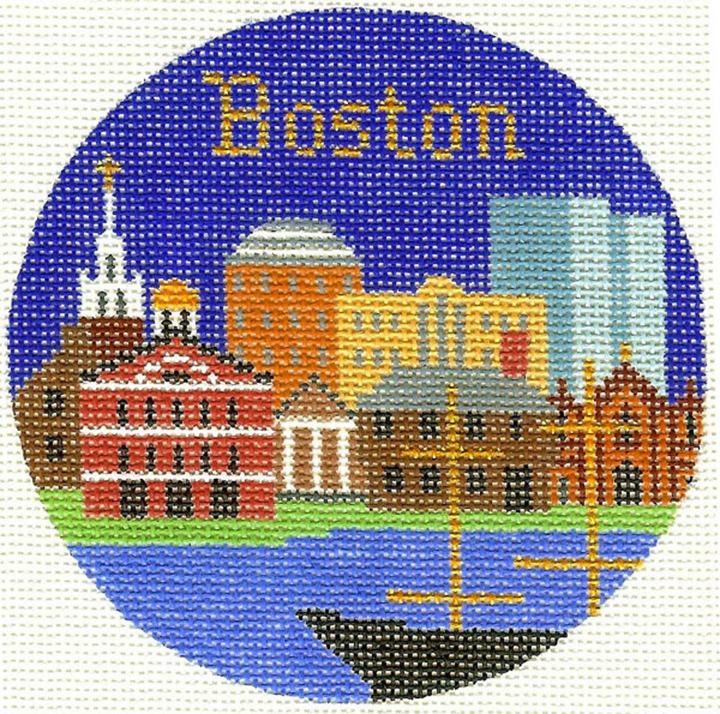 Travel Round ~ BOSTON, MASSACHUSETTS handpainted 4.25" Needlepoint Ornament Canvas by Silver Needle