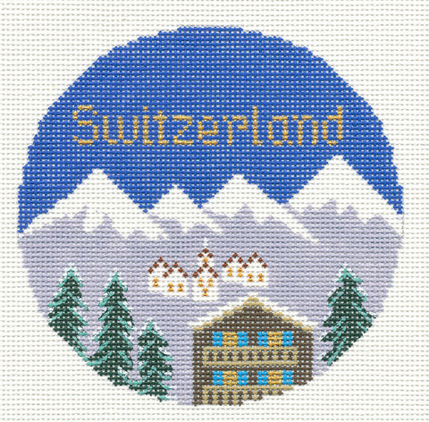 Travel Round ~ SWITZERLAND with the Swiss Alps handpainted 4.25" Needlepoint Canvas by Silver Needle RD.
