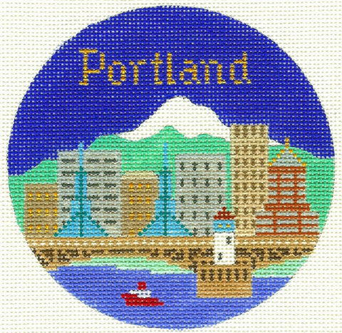 Travel Round ~ Portland, Oregon handpainted 4.25" Needlepoint Canvas by Silver Needle