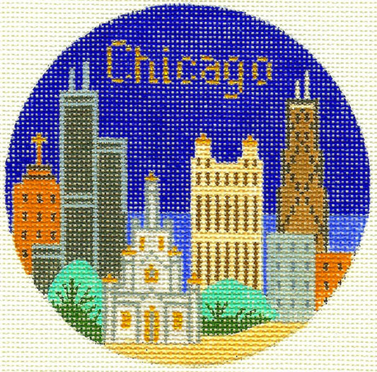 Travel Round ~ Chicago, Illinois handpainted 4.25" Needlepoint Ornament Canvas by Silver Needle