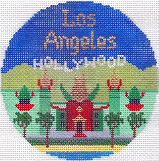 Travel Round ~  LOS ANGELES, CALIFORNIA handpainted 4.25" Needlepoint Canvas by Silver Needle