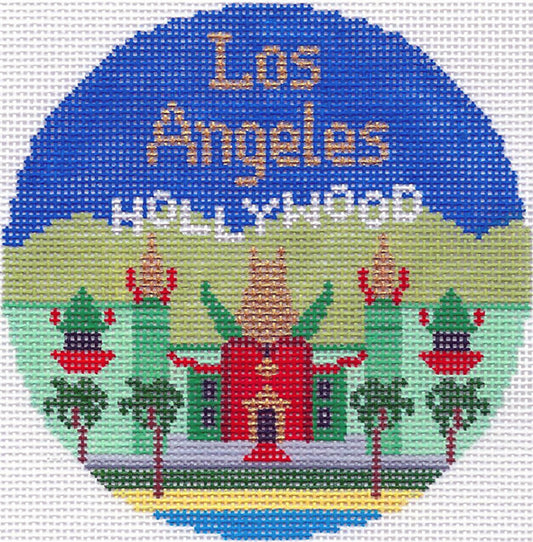 Travel Round ~  LOS ANGELES, CALIFORNIA handpainted 4.25" Needlepoint Canvas by Silver Needle