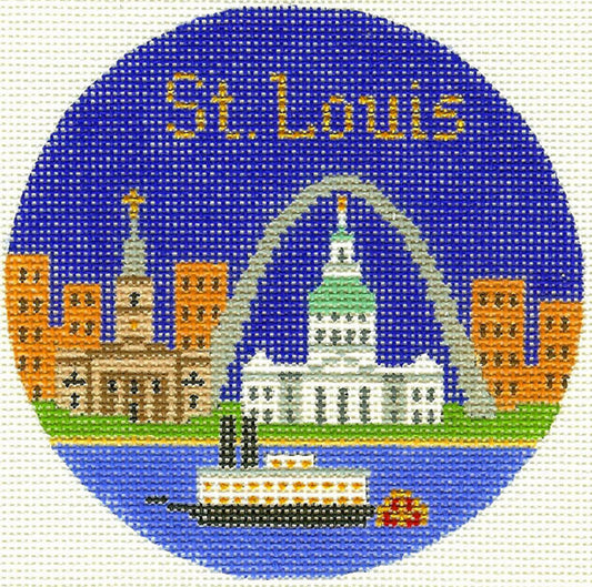 Round ~ ST. LOUIS, MISSOURI handpainted 4.25" 18 Mesh Needlepoint Canvas by Silver Needle