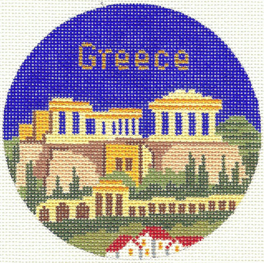 Travel Round ~ GREECE handpainted 4.25" Needlepoint Ornament Canvas by Silver Needle