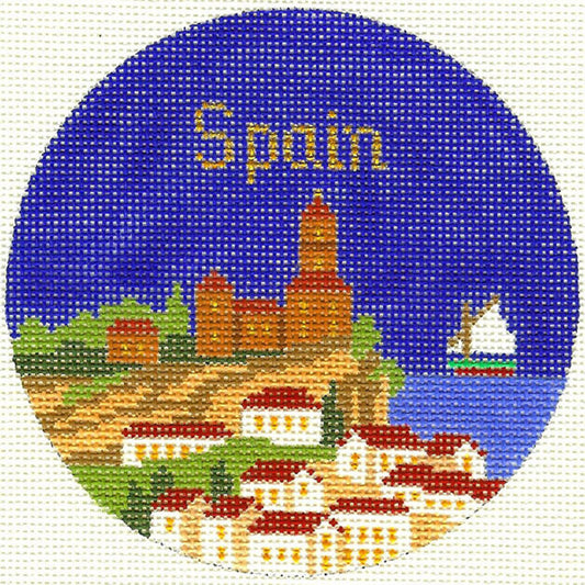 Travel Round ~ SPAIN handpainted 4.25" Needlepoint Ornament Canvas by Silver Needle