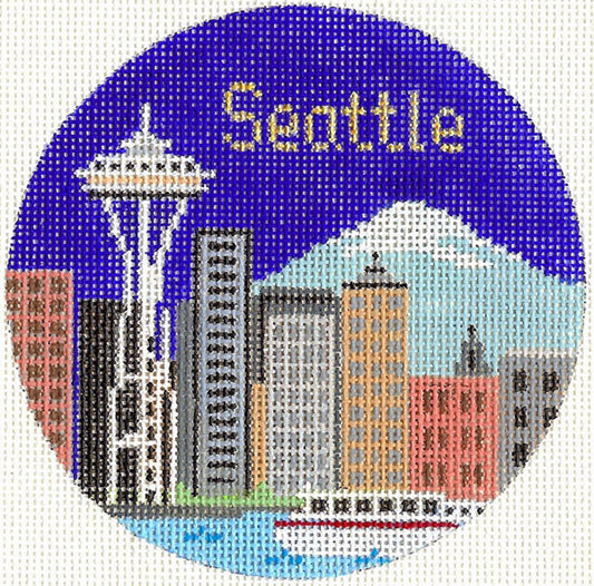 Travel Round ~ Seattle, Washington (Space Needle) handpainted 4.25" Needlepoint Canvas by Silver Needle
