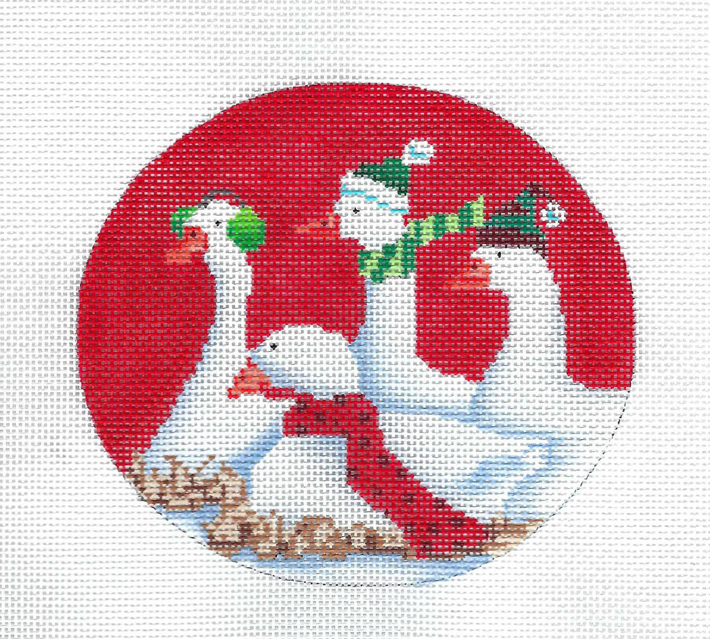 Bird Oval ~ 4 Christmas Geese in scarves & hats Sitting on Their Nest handpainted Needlepoint Canvas from Scott Church