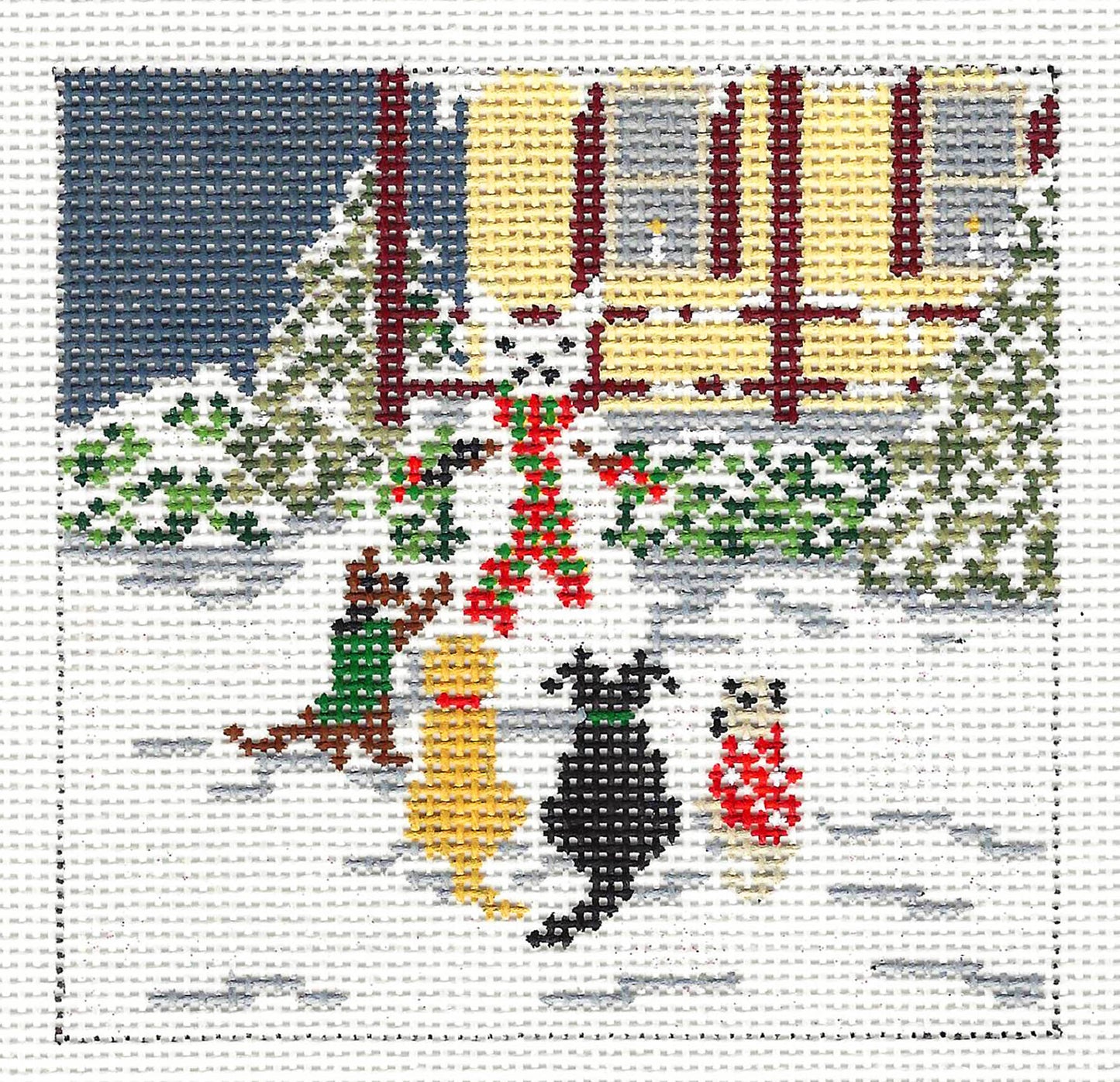 Dog Canvas ~ 4 Snow Dogs Building a Snowman  3.75" Square handpainted Needlepoint Canvas by Needle Crossings