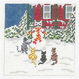 Canvas ~ 4 Cats Building a Snowman handpainted Needlepoint Canvas by Needle Crossings