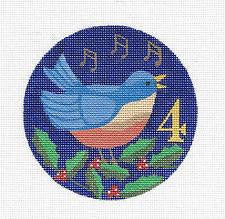 12 Days of Christmas 4 Calling Birds on Hand Painted Needlepoint Canvas by JulieMar