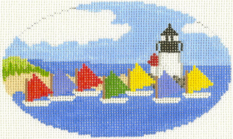 NANTUCKET ISLAND Oval ~ Rainbow Sailing Fleet Oval Nantucket Ornament handpainted Needlepoint Canvas by Silver Needle