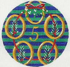 12 Days of Christmas 5 Golden Rings & STITCH GUIDE on Hand Painted Needlepoint Ornament Canvas by JulieMar