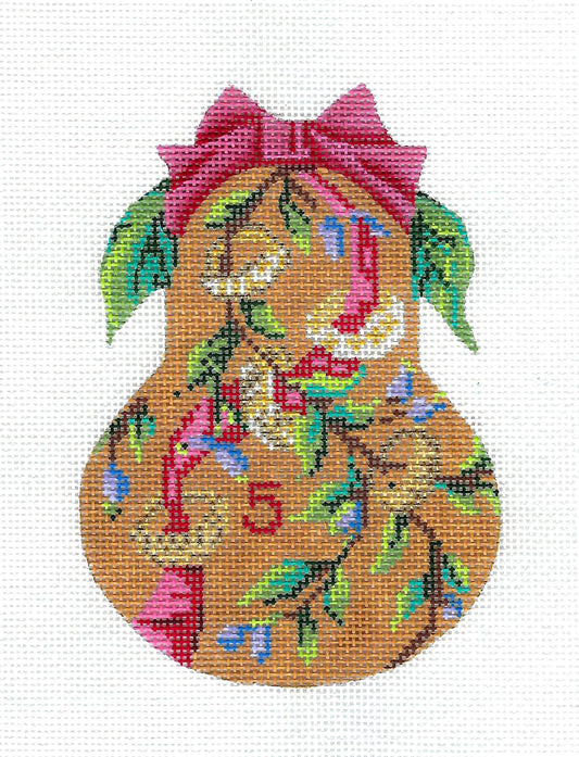 Kelly Clark Christmas Pear ~ 5 Gold Rings Pear handpainted Needlepoint Ornament Kelly Clark