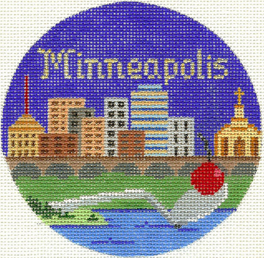 Travel Round ~ MINNEAPOLIS, MINNESOTA handpainted 4.25" Needlepoint Ornament Canvas by Silver Needle