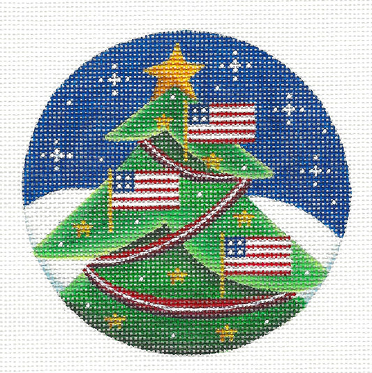 Round ~ Patriotic Flag Christmas Tree handpainted 4" Needlepoint Canvas by Rebecca Wood