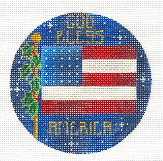 Round ~ "God Bless America" Patriotic Flag handpainted Needlepoint Canvas by Rebecca Wood