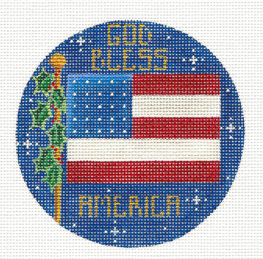 Round ~ "God Bless America" Patriotic Flag handpainted Needlepoint Canvas by Rebecca Wood