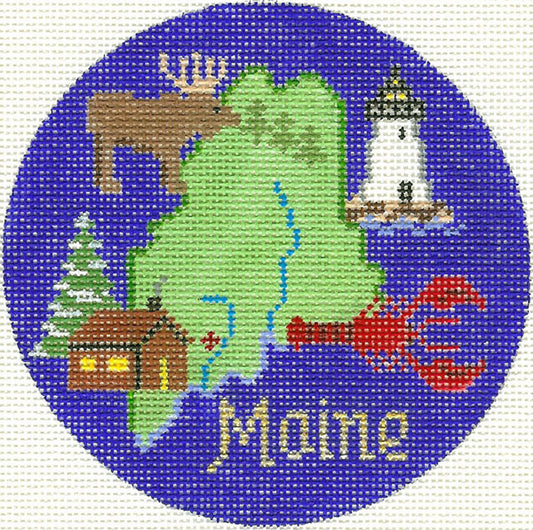 Travel Round ~ STATE of MAINE handpainted 4.25" Needlepoint Ornament Canvas by Silver Needle